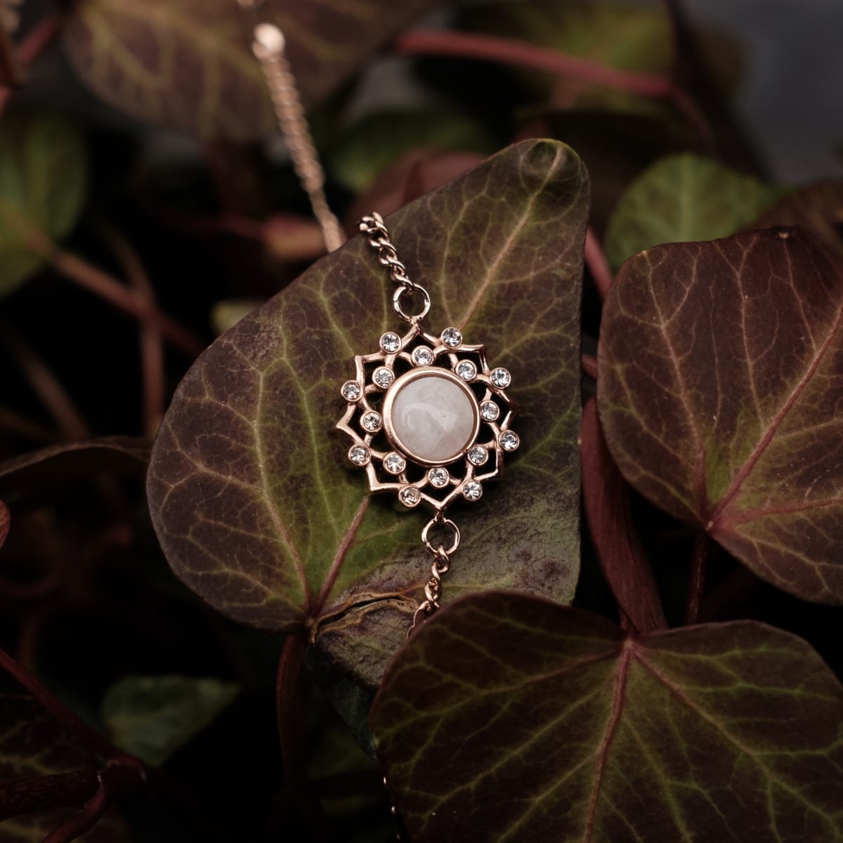 "Composition Gem Bracelet" bracelet, moonstone and rose gold, elegant design on leafy backdrop.