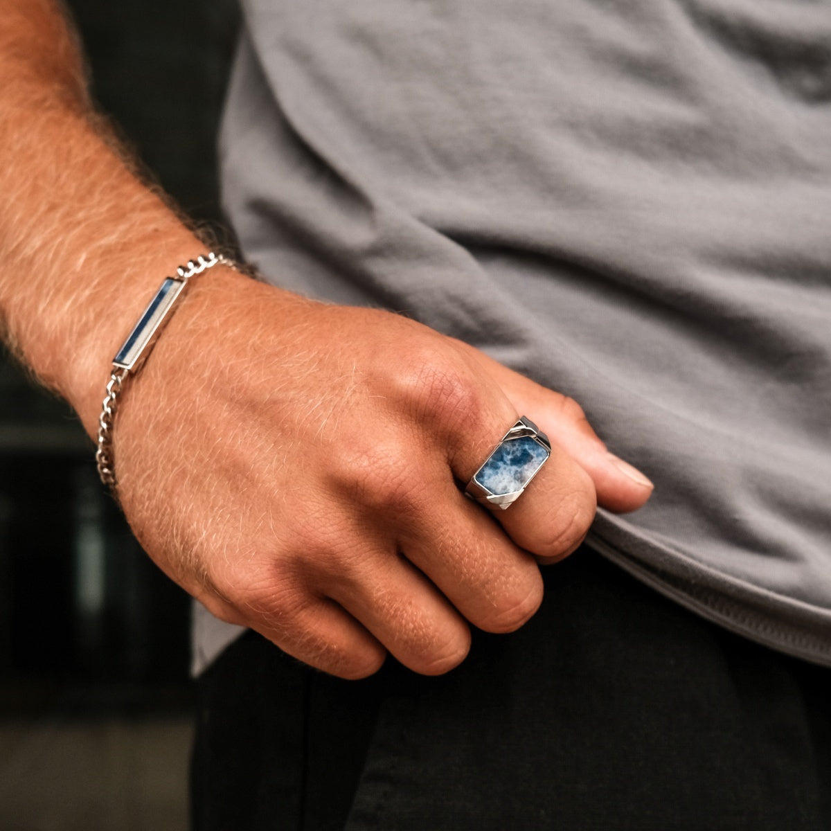 "Binomial Ring" ring featuring sodalite and silver with a bold, modern design.