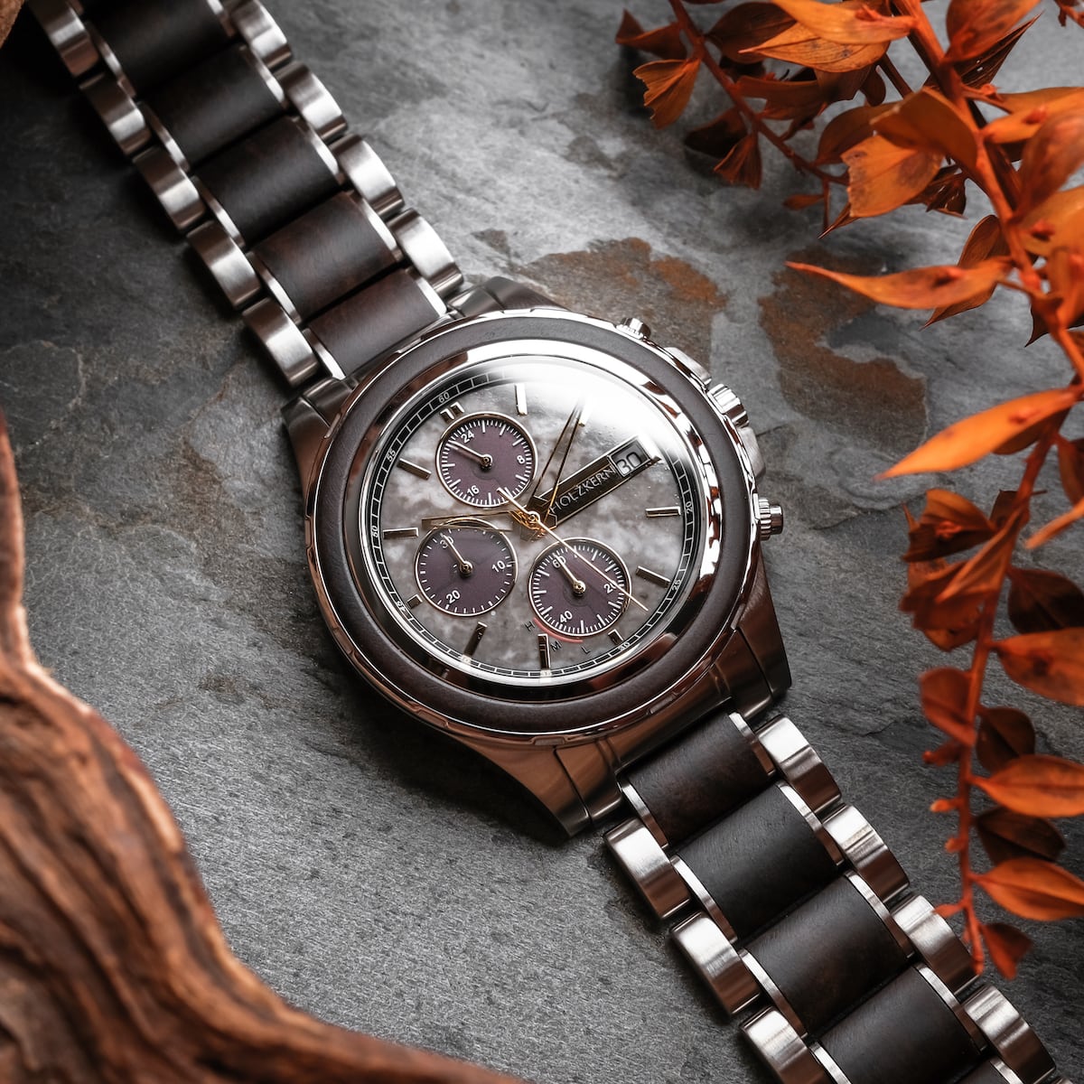 "Cairo" watch featuring a stainless steel band and a marble dial, exuding a blend of elegance and modern style.