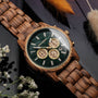 "Canopy" watch featuring a zebrawood band and marble face with natural, elegant style.
