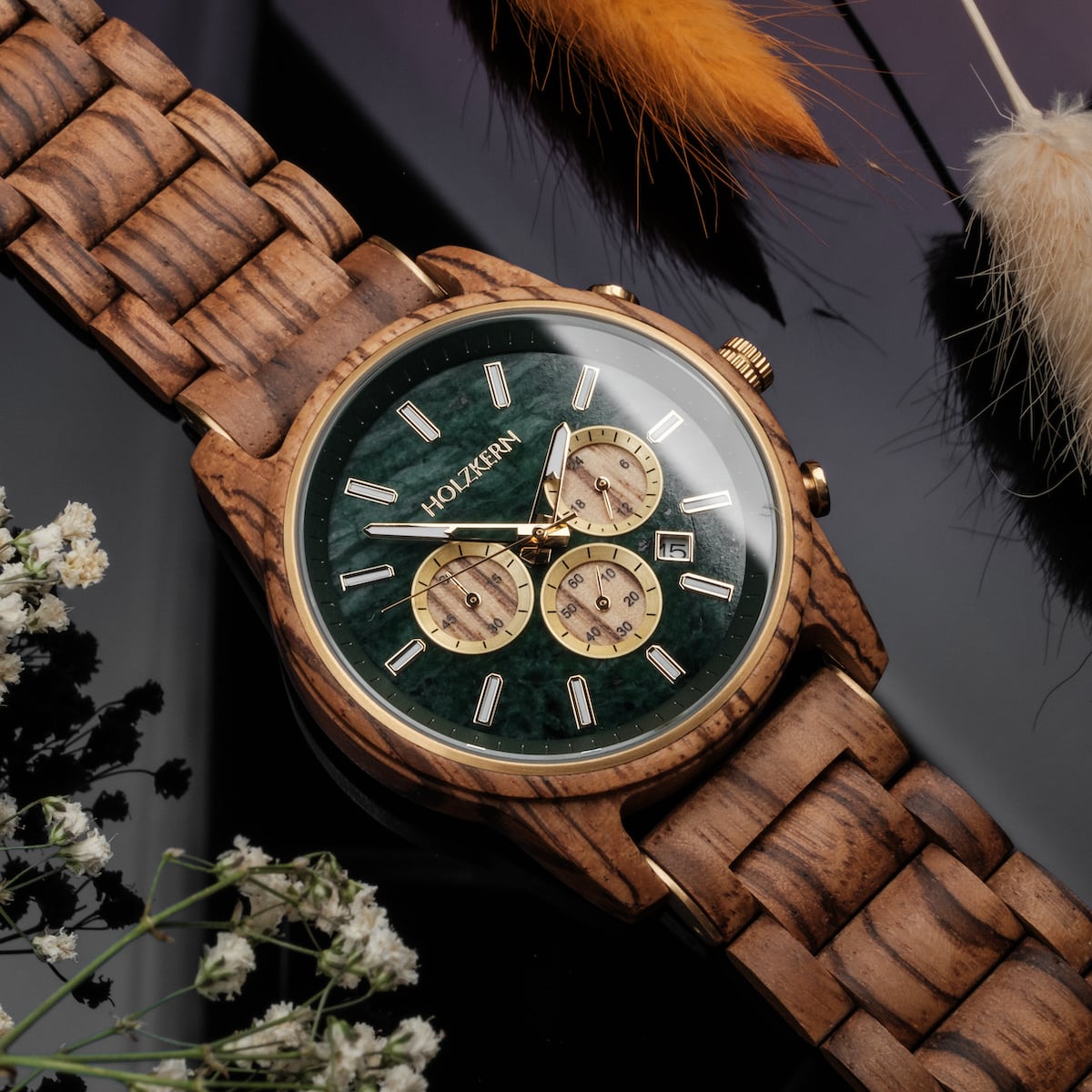 "Canopy" watch featuring a zebrawood band and marble face with natural, elegant style.