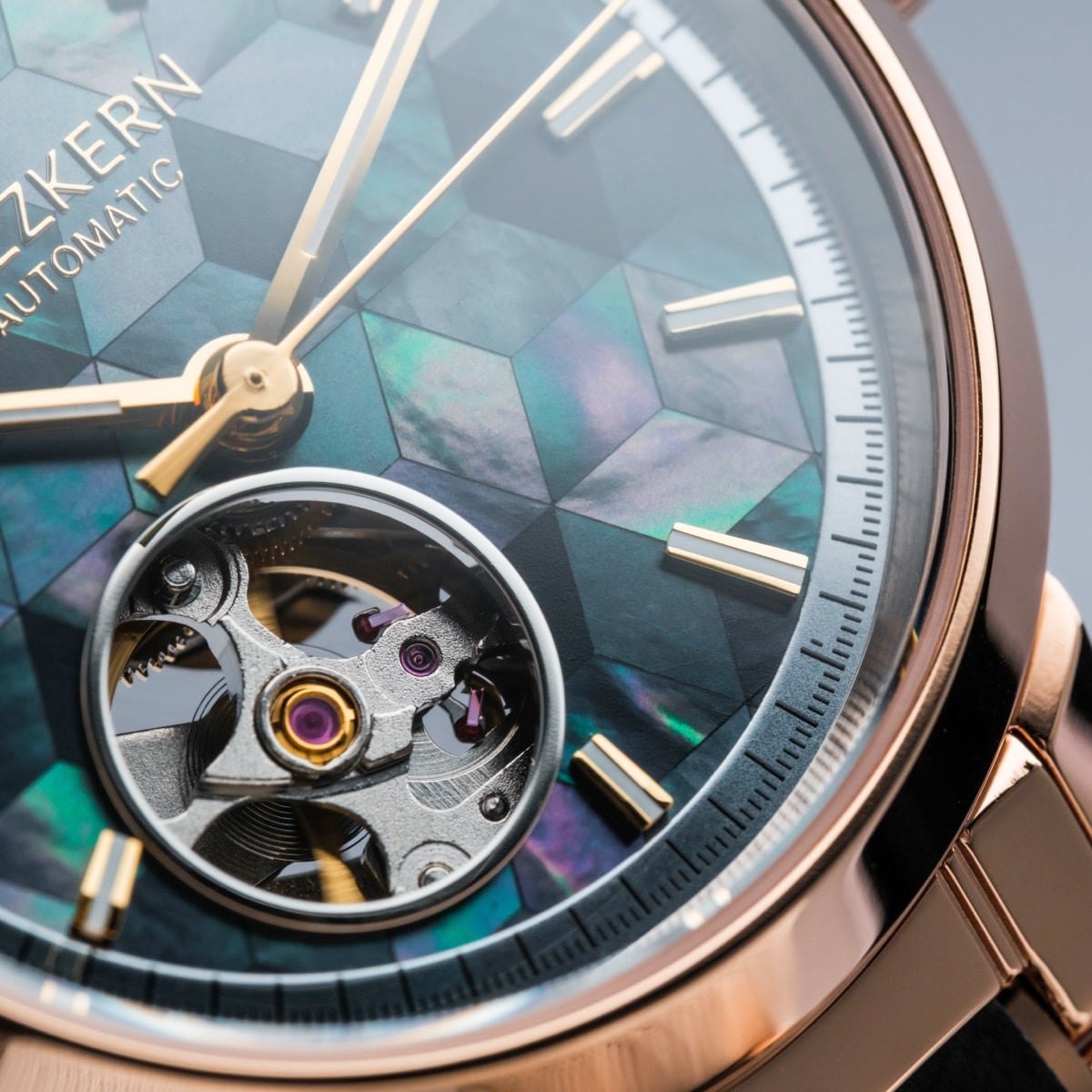 "Luminaire" watch, featuring a nacre and maple design with intricate mechanical detailing.