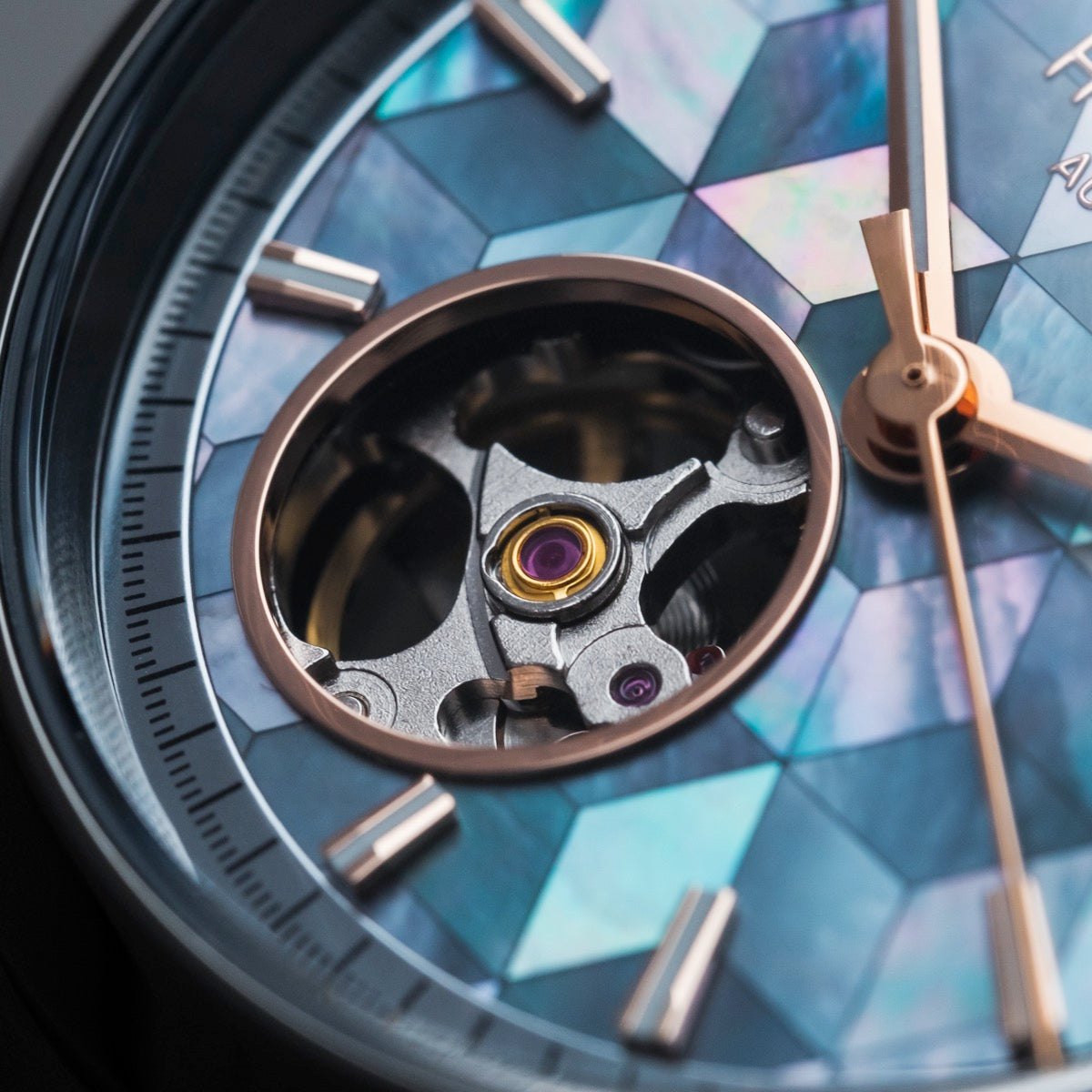 Mirrorance watch with nacre and ceramic style, showcasing intricate mechanisms and geometric patterns.