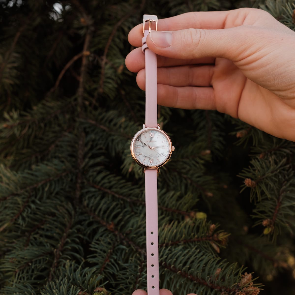 "Alva", a stylish watch with a marble face and rose gold accents, featuring a pink strap hero against a pine background.