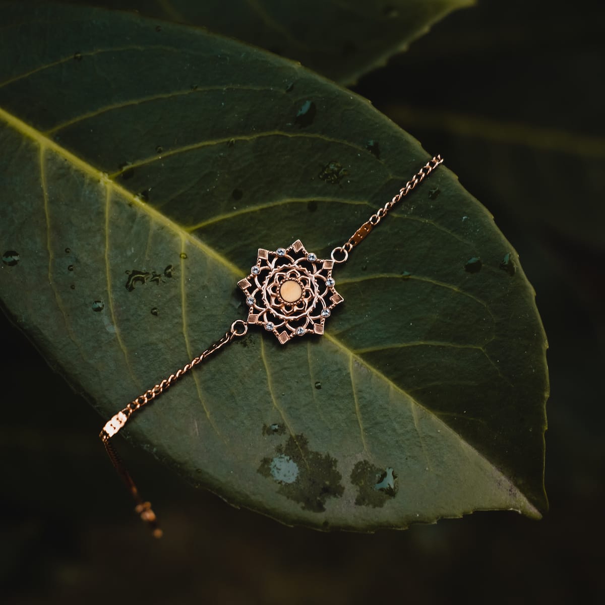 "Aphonia Bracelet", an elegant bracelet with olive and rose gold hues, featuring intricate floral design on a lush leaf backdrop.