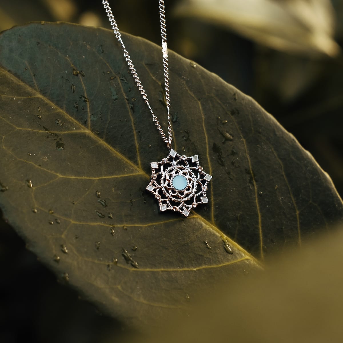"Aphonia Necklace" necklace featuring aquamarine stone and silver detailing, set against a natural leafy background.