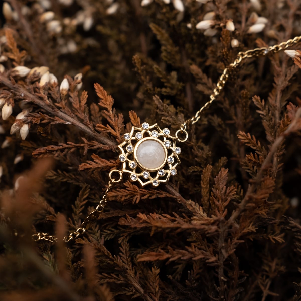 "Composition Gem Bracelet", an elegant bracelet with moonstone and gold accents, nestled in rustic foliage.