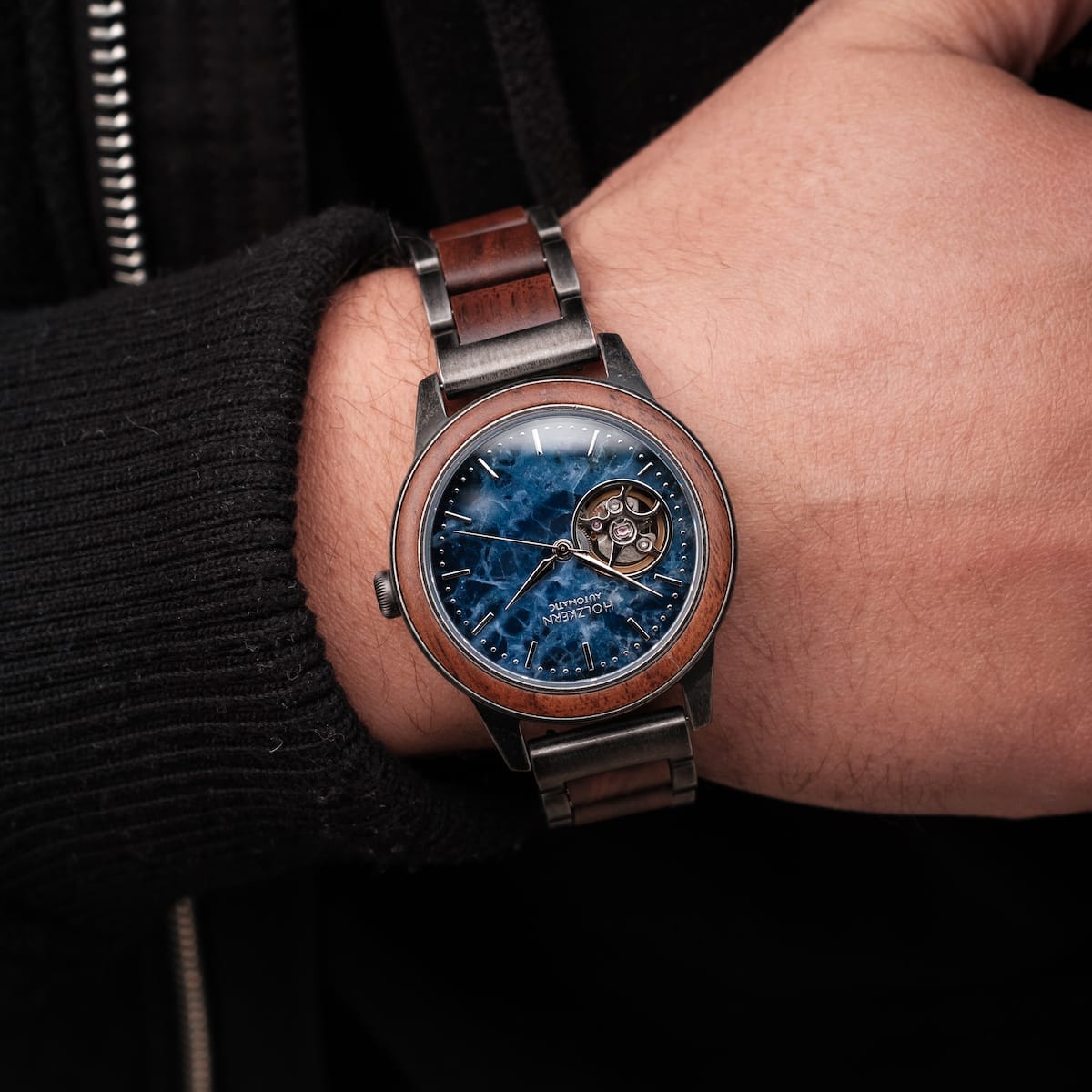 "Alrakis" watch, featuring a Walnut and Marble design with a sleek, elegant style.