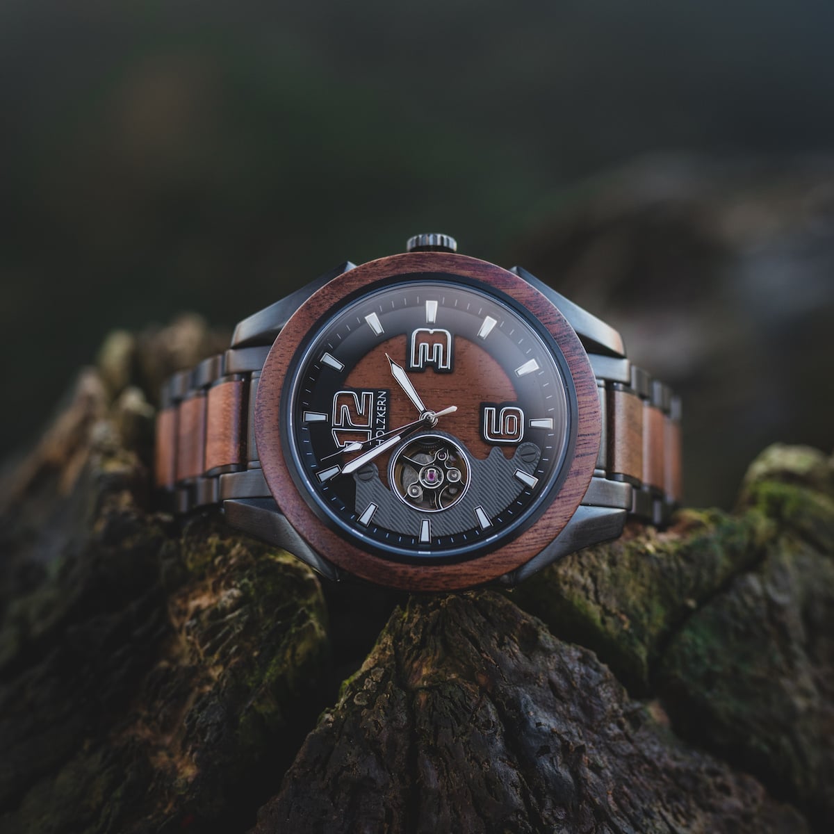 "Albert watch with acacia wood finish and a sophisticated, rustic design."