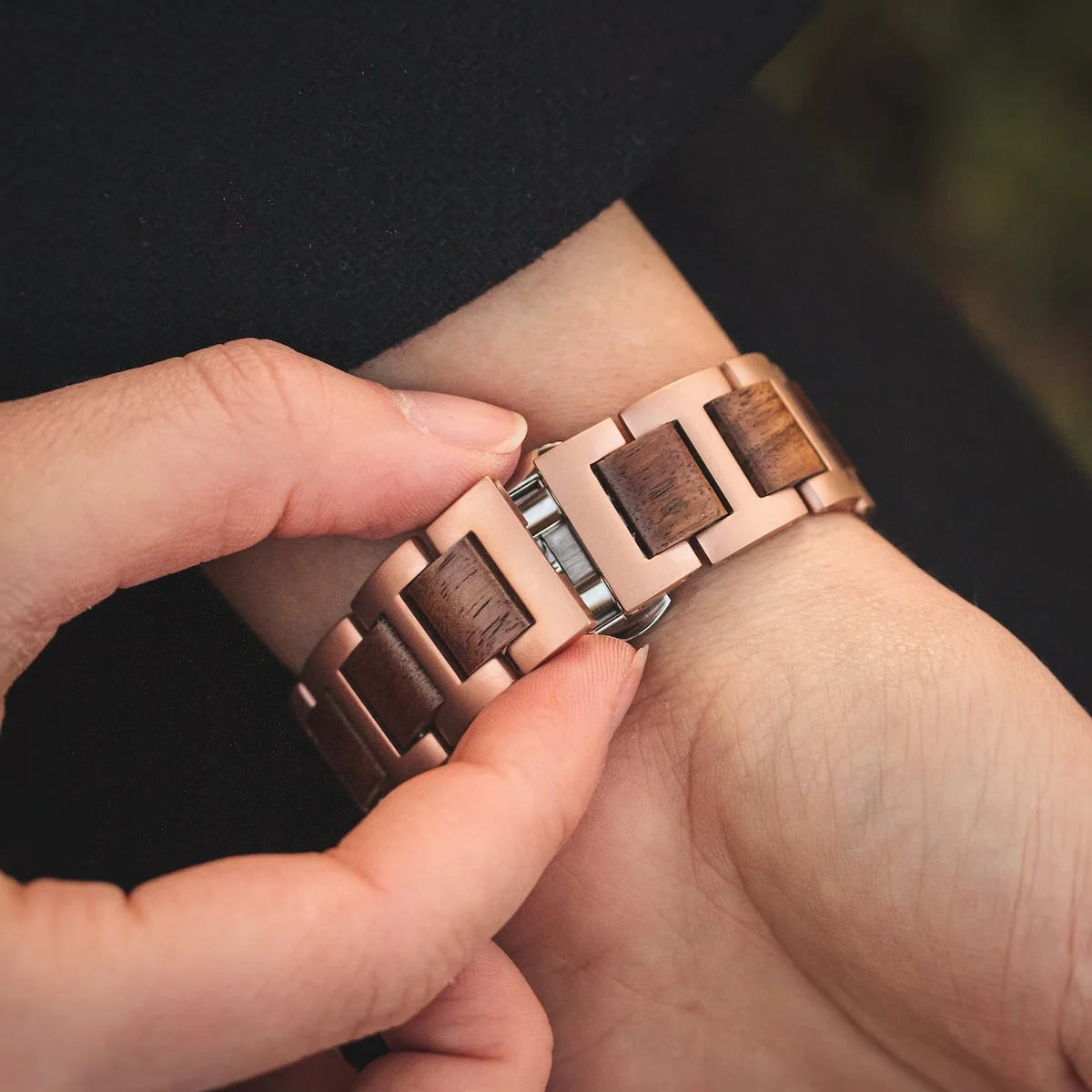 "Belvue" stylish watch with walnut accents and a modern design.