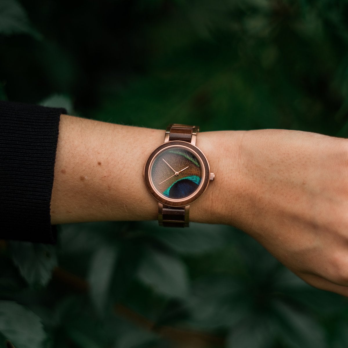 "The Optimist" watch with walnut band and peacock feather design, blending elegance and nature.