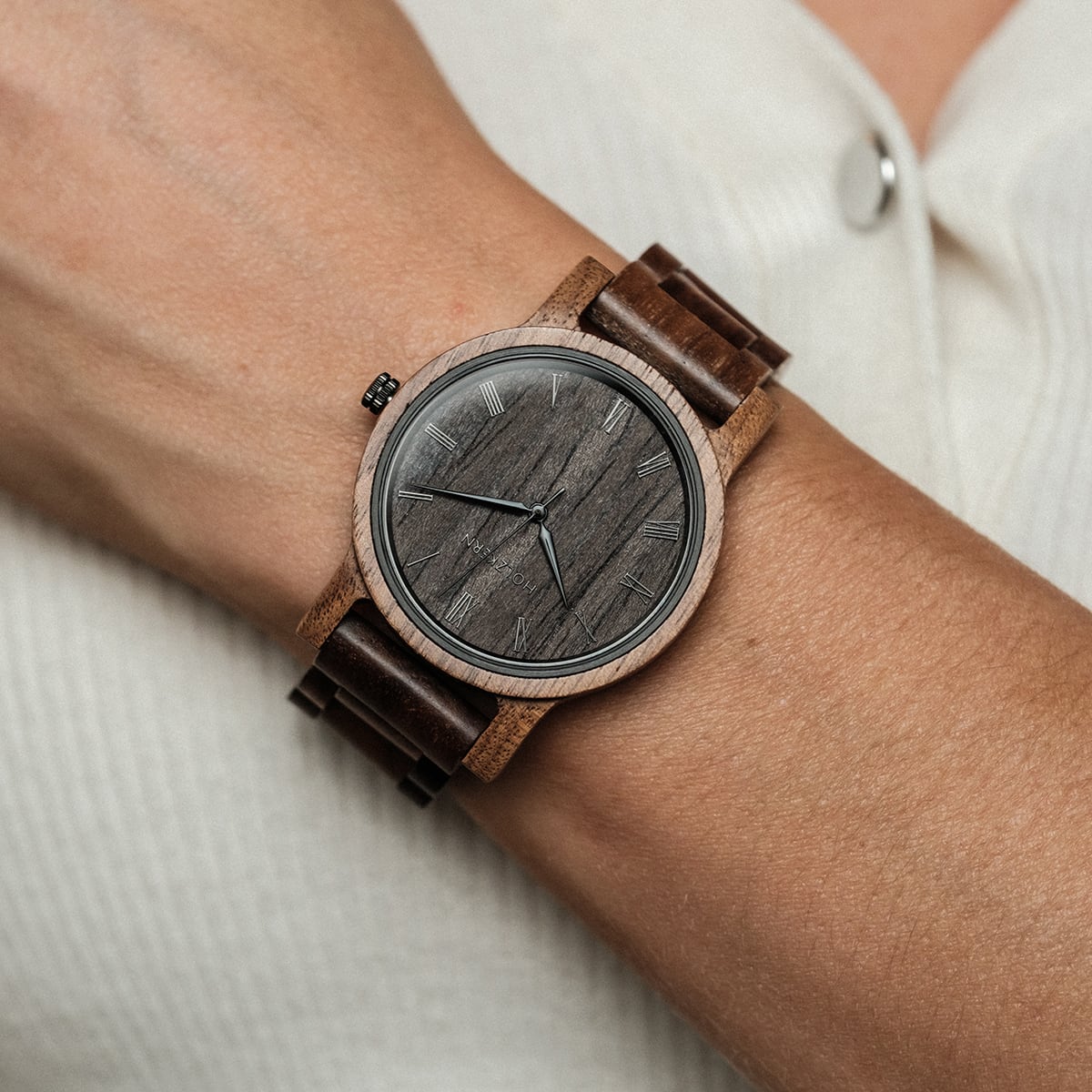 "Spring Evening" elegant wooden watch with a walnut and leadwood finish, featuring a rustic, natural style.