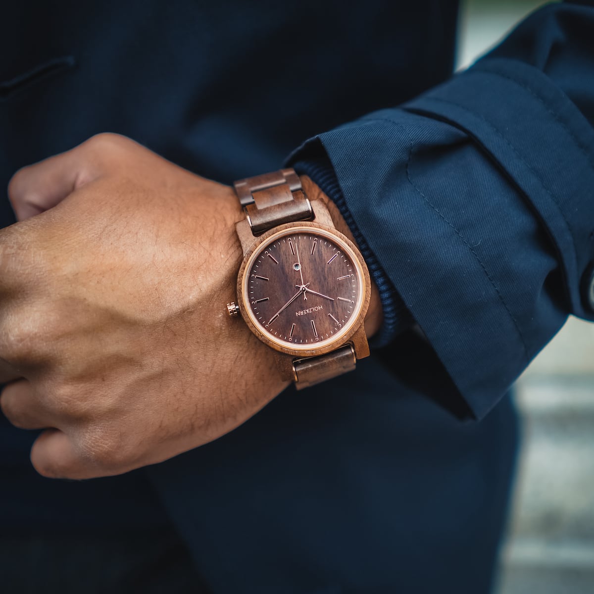 "Hesse" watch in Walnut Wood, featuring a sleek and minimalist design.