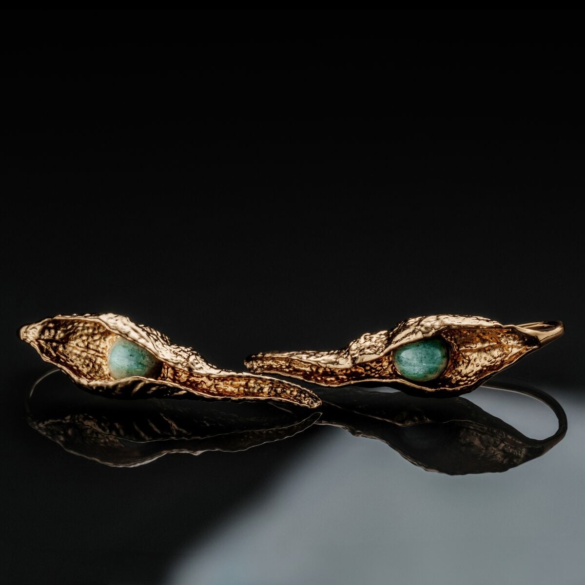 "Chalice earrings": Elegant gold earrings featuring amazonite stones with a textured, organic design.