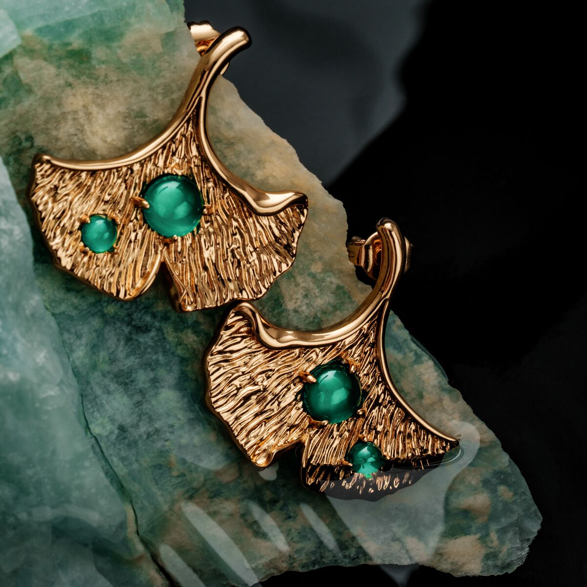 "Chalice Earrings" earrings, gold with chalcedony, featuring a textured and elegant leaf design.