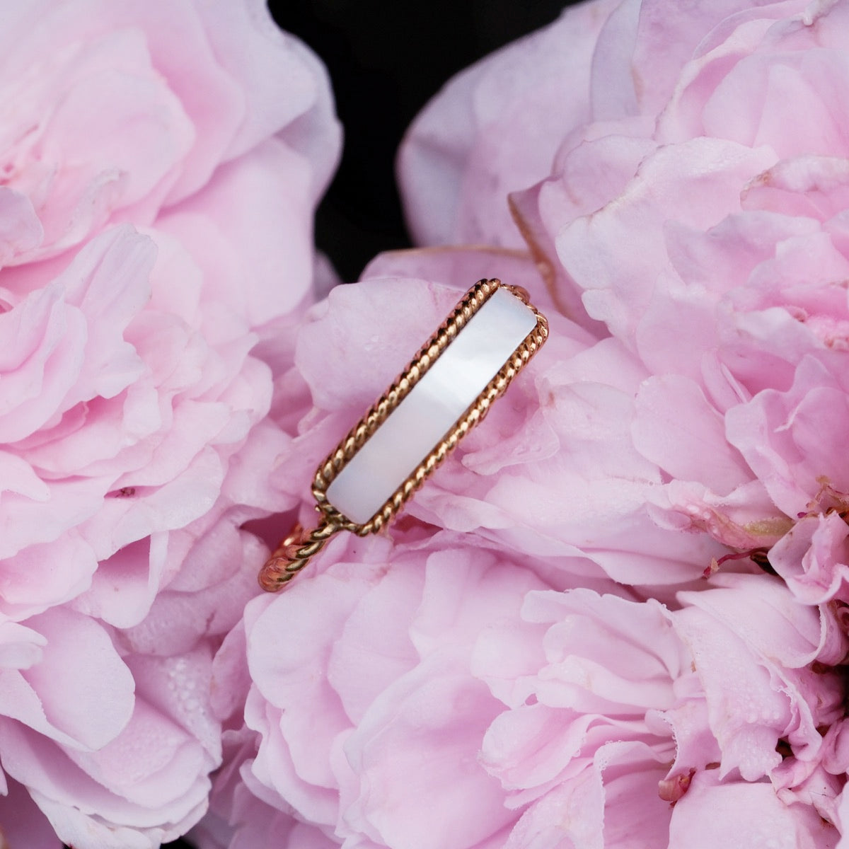 "Summersweet Ring" ring with white nacre and gold, styled elegantly with pink petals.
