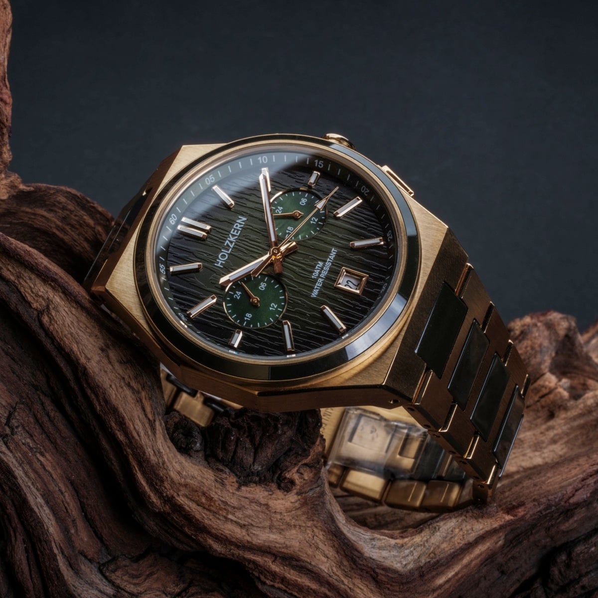 "Oceanswell" watch, featuring a ceramic and gold design with a sophisticated, natural aesthetic.