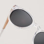 "The Hyped" sunglasses feature a sleek zebrawood and crystal design, blending natural elegance with modern style.
