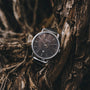 "Odaiba" watch with maple wood accents and minimalistic design nestled in rustic branches.