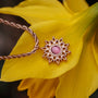 "Suncatcher Necklace": A rose gold suncatcher necklace featuring an amethyst centerpiece with intricate detailing.