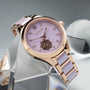 "Kaleidoscopic", a stylish watch with amethyst accents and ceramic elements, showcases a kaleidoscopic design.