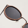"The Radiant S" sunglasses with walnut and copper frame, featuring a sleek and modern design.