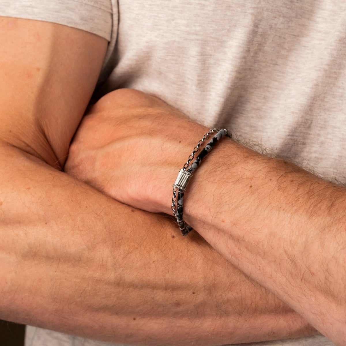 "Supersonic" bracelet with a sleek obsidian and silver design.