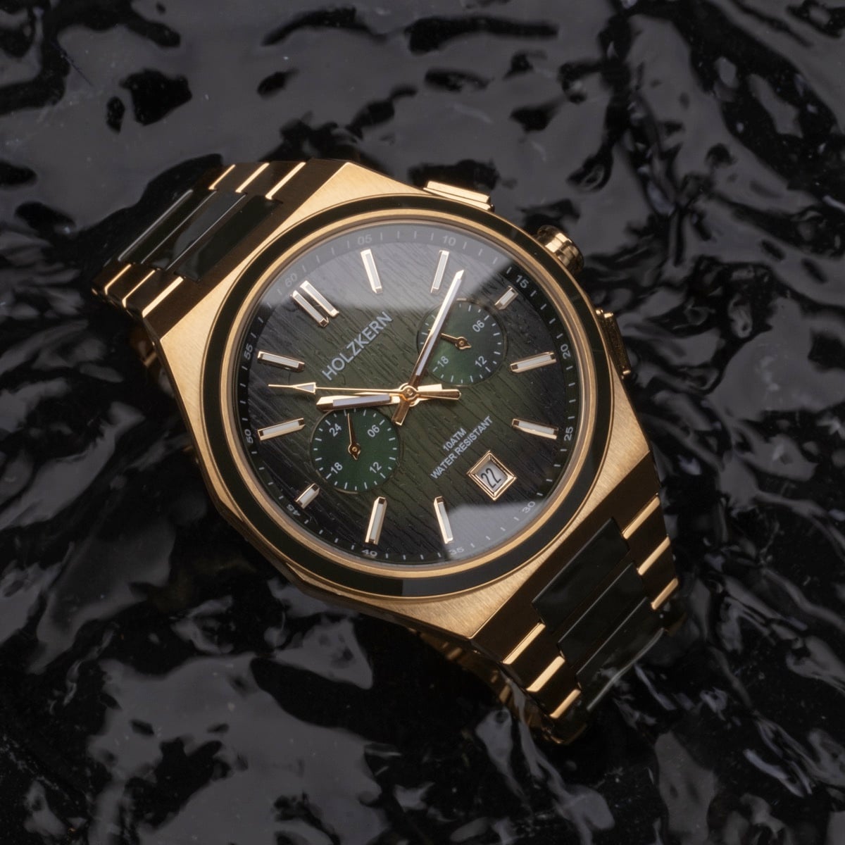 "Oceanswell" watch, featuring a ceramic and gold design with a sophisticated modern style.