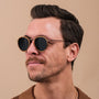 "The Loving" sunglasses featuring zebrawood and antique copper, showcasing a stylish and vintage design.