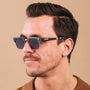 "The Virtuoso" sunglasses featuring a Leadwood and Black Havana design with a sleek, modern style.