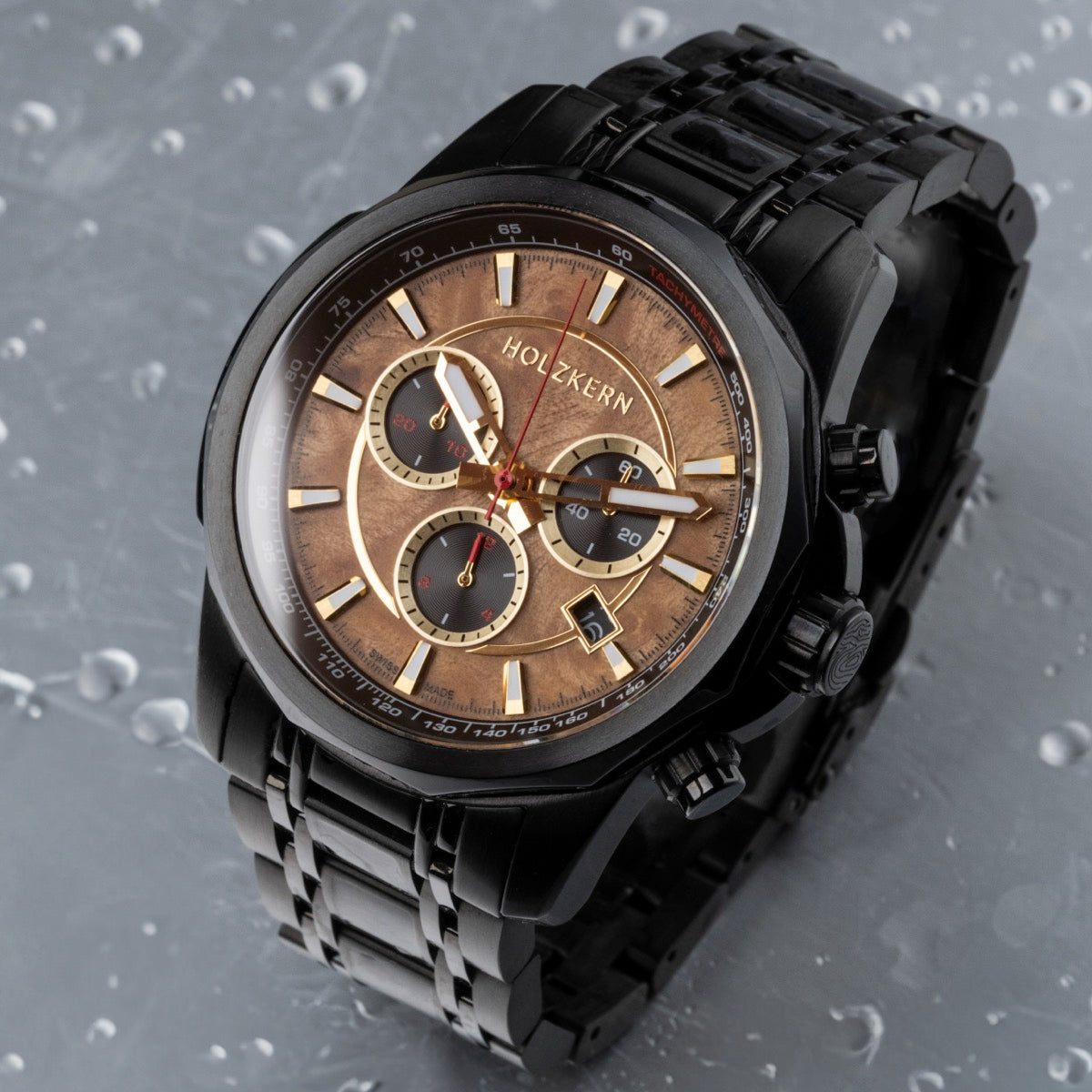 "Genevra watch features a sleek burl wood and maple design with a sophisticated, modern aesthetic."