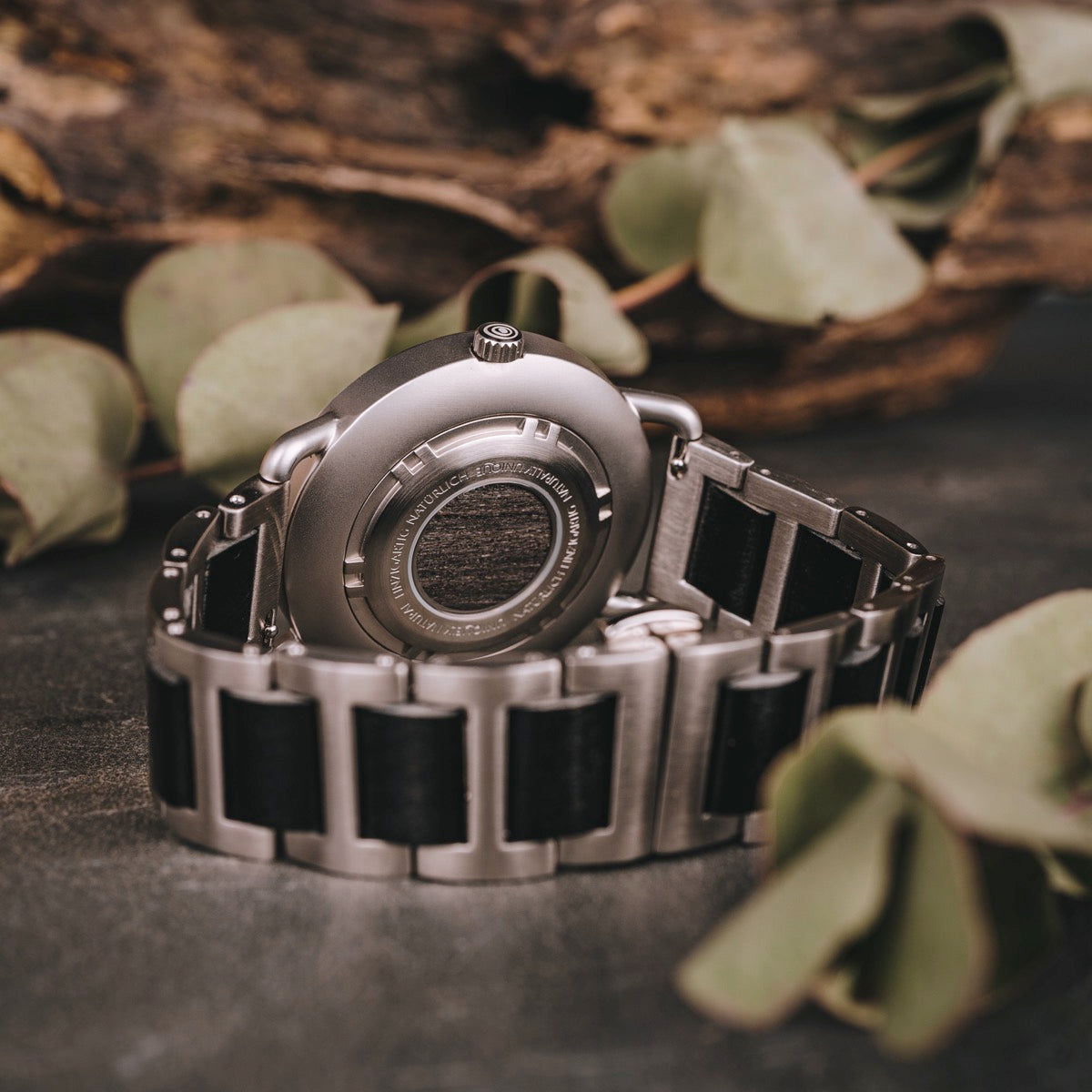 "Odaiba" watch with a maple/maple design, featuring a metallic and wood aesthetic in a natural setting.