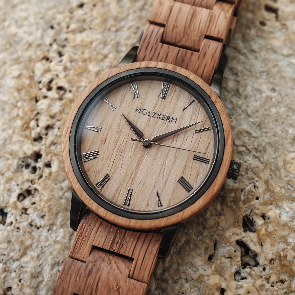 "Taro" watch made of oak with a classic wooden style, featuring Roman numerals on the dial.