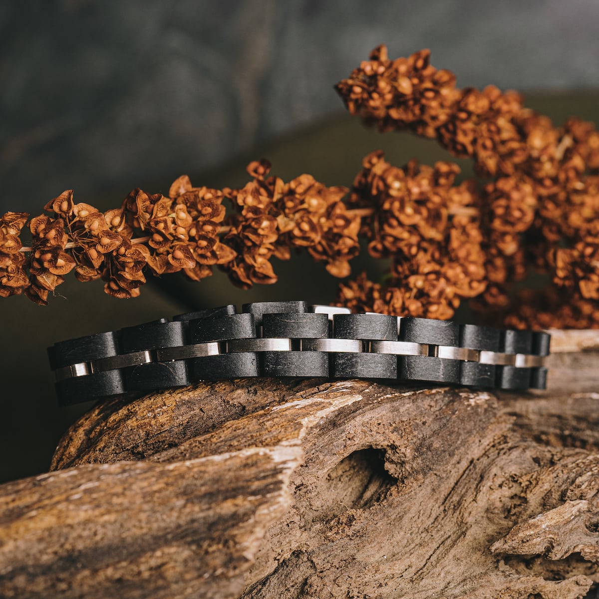 "Fantasia" bracelet featuring a sleek maple and silver design against a natural backdrop.