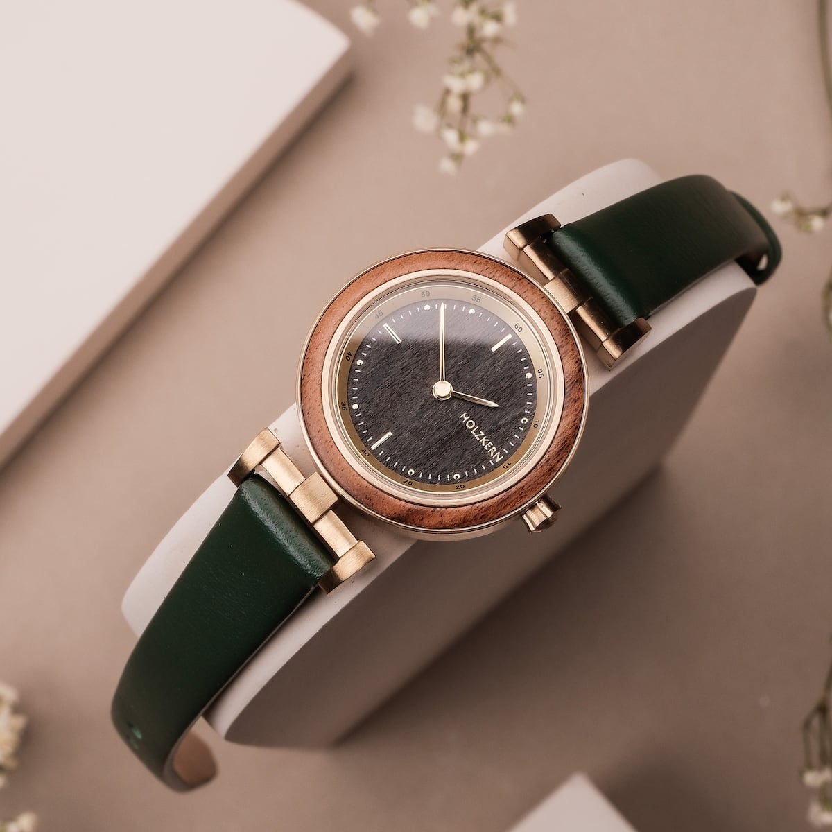 "Amelia" wristwatch featuring a Marblewood and Maple design with a sophisticated, elegant style.