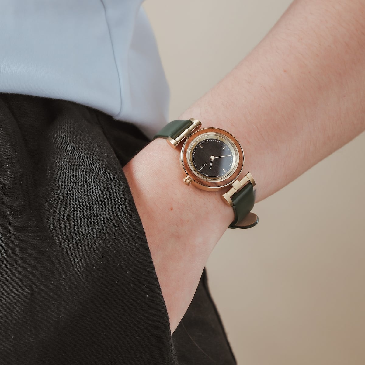 "Amelia" watch featuring a marblewood and maple finish with an elegant, modern design.