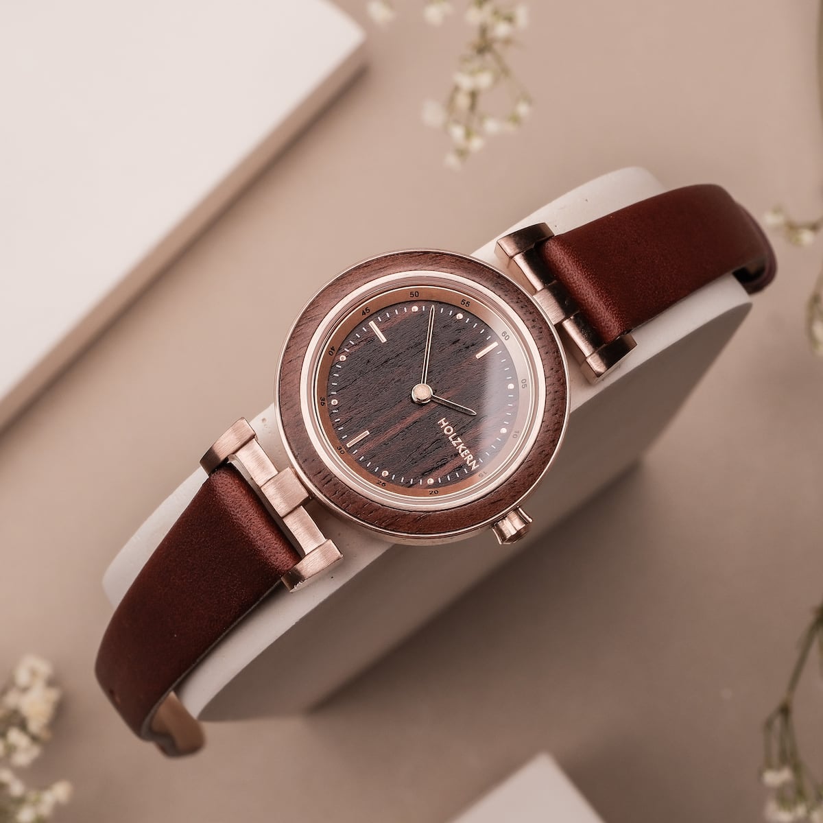 "Harriet" watch features a walnut/maple finish with a sophisticated modern style.