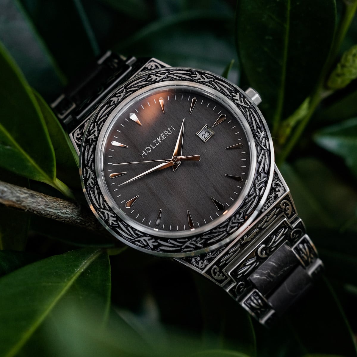 "Misir" wristwatch with intricate design, featuring a maple finish and elegant craftsmanship.