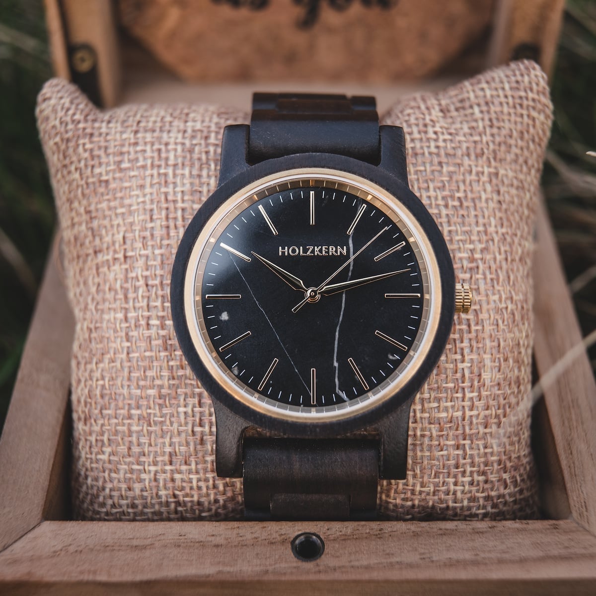 "Summer Night" watch featuring a maple and marble design in a natural wood box.