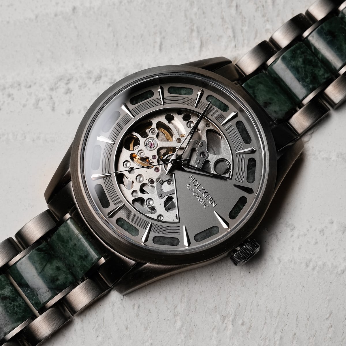 "Acraman" watch with a marble/dark gray design, showcasing a stylish and intricate mechanical look.