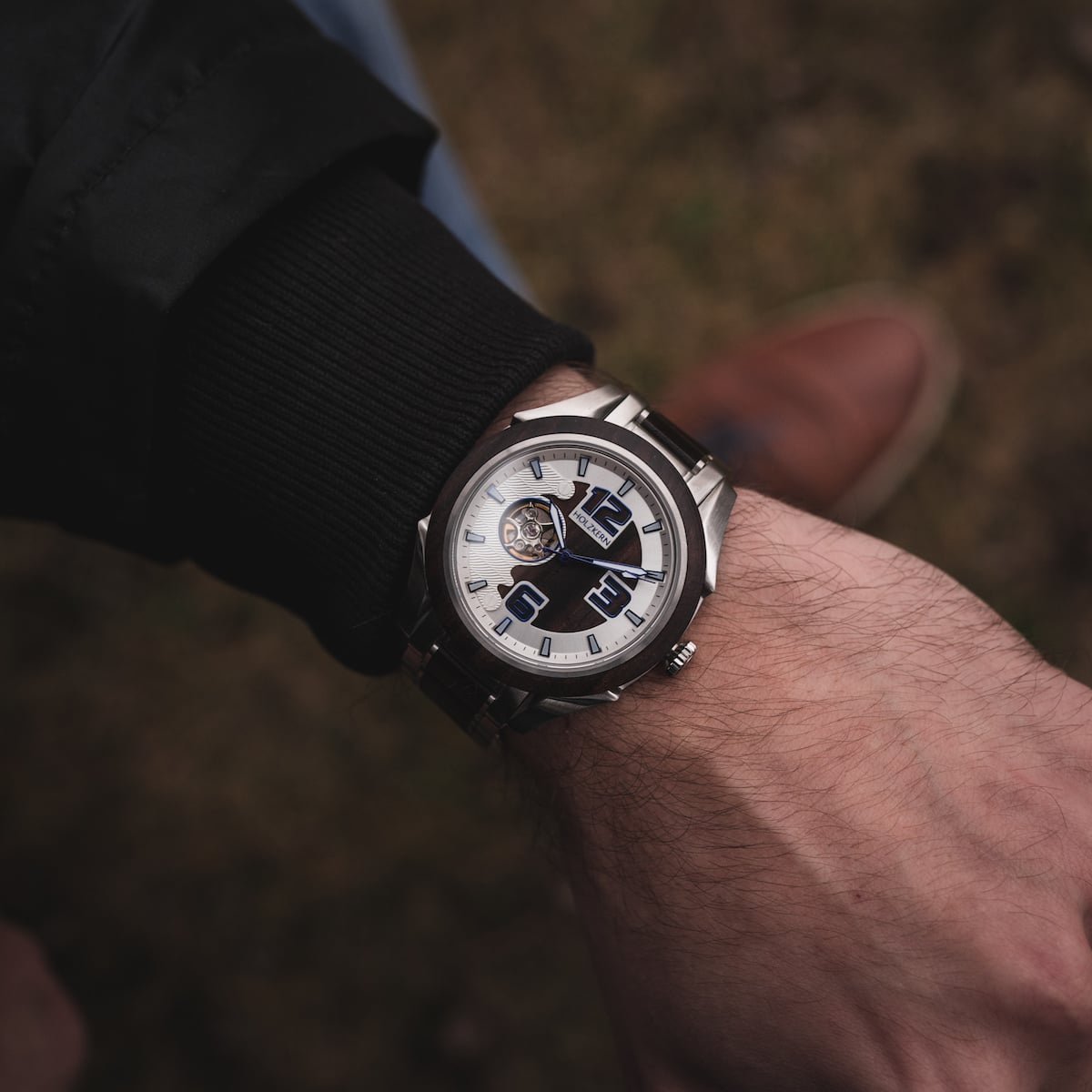 "Will" watch featuring a sleek design with a modern face and visible internal mechanics.