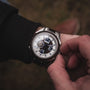 "Will" watch featuring a sleek, modern design with a Leadwood finish and bold blue accents.