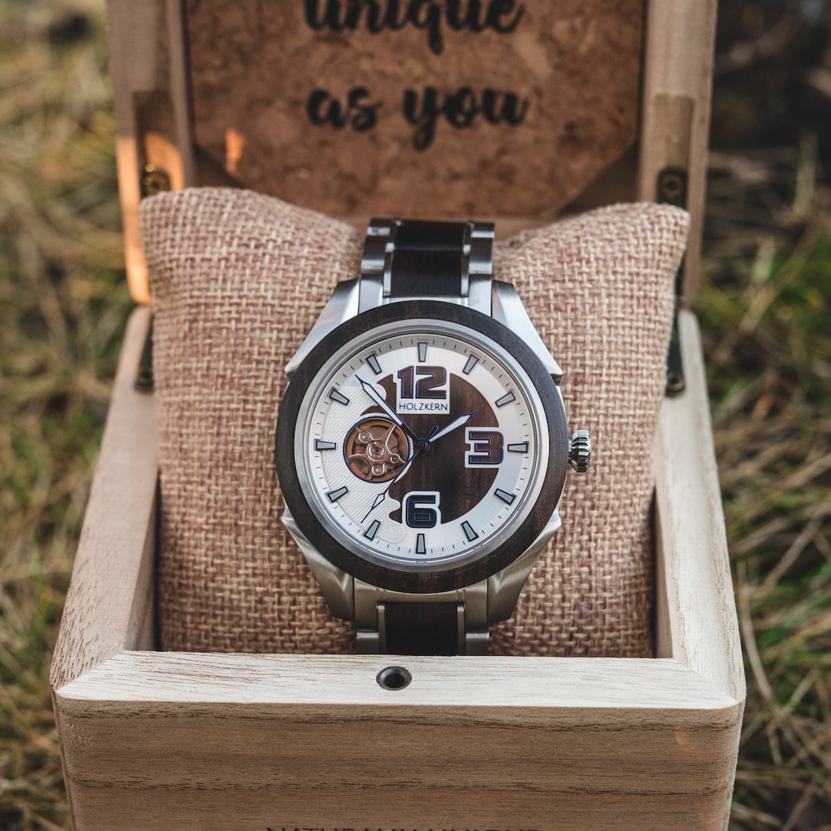 "Will" watch, featuring a wood and metal design in a rustic wooden display box.
